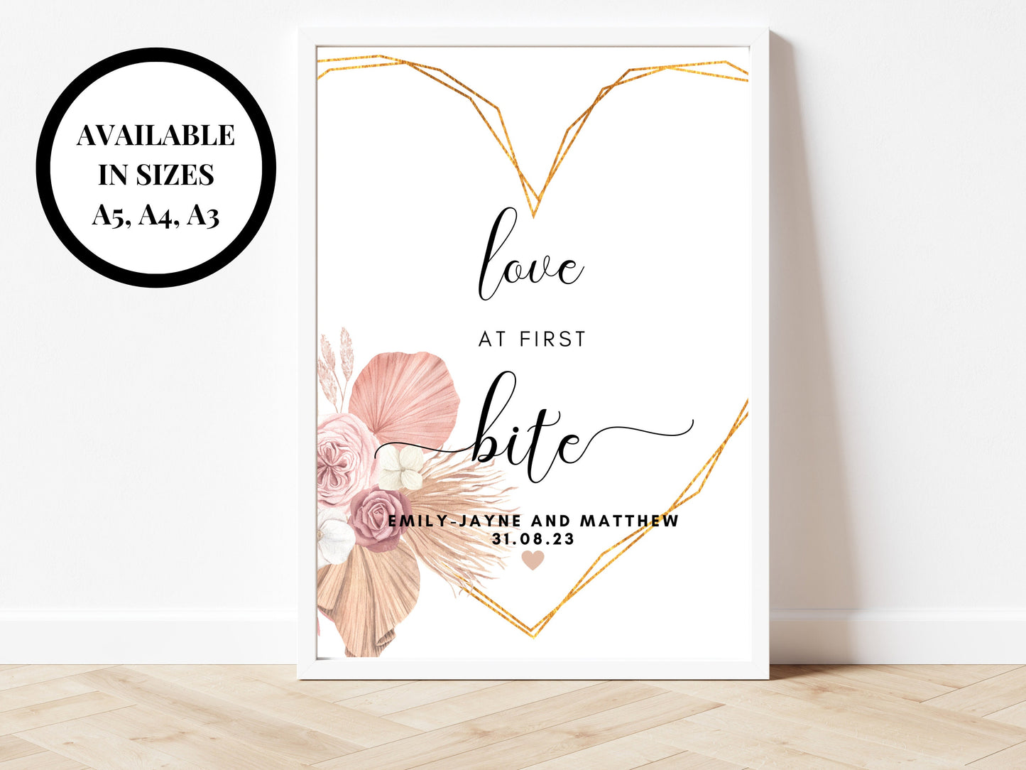 Personalised Love at First Bite Printable Sign/ Pampas Grass Floral Dessert Bar Sign/ Wedding Reception/ Hen Party Love at First Bite