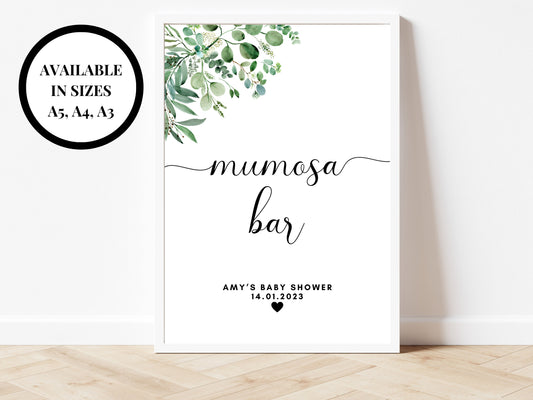 Mumosa Bar Sign/ Personalised Baby Shower Drinks Poster/ Floral Greenery Eucalyptus Party Sign for Mocktails/ Gender Reveal Mummy to Be/ AK1