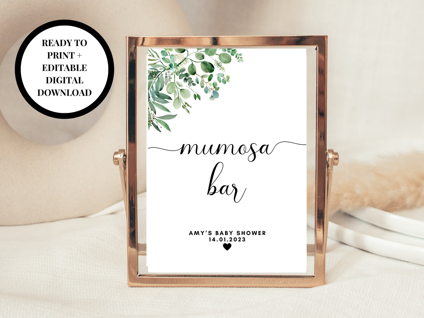 Editable Mumosa Bar Baby Shower Printable Sign/ Floral Greenery Drinks Sign/ Eucalyptus Party/ Boho Gender Reveal/ Baby Shower/ Mummy to Be