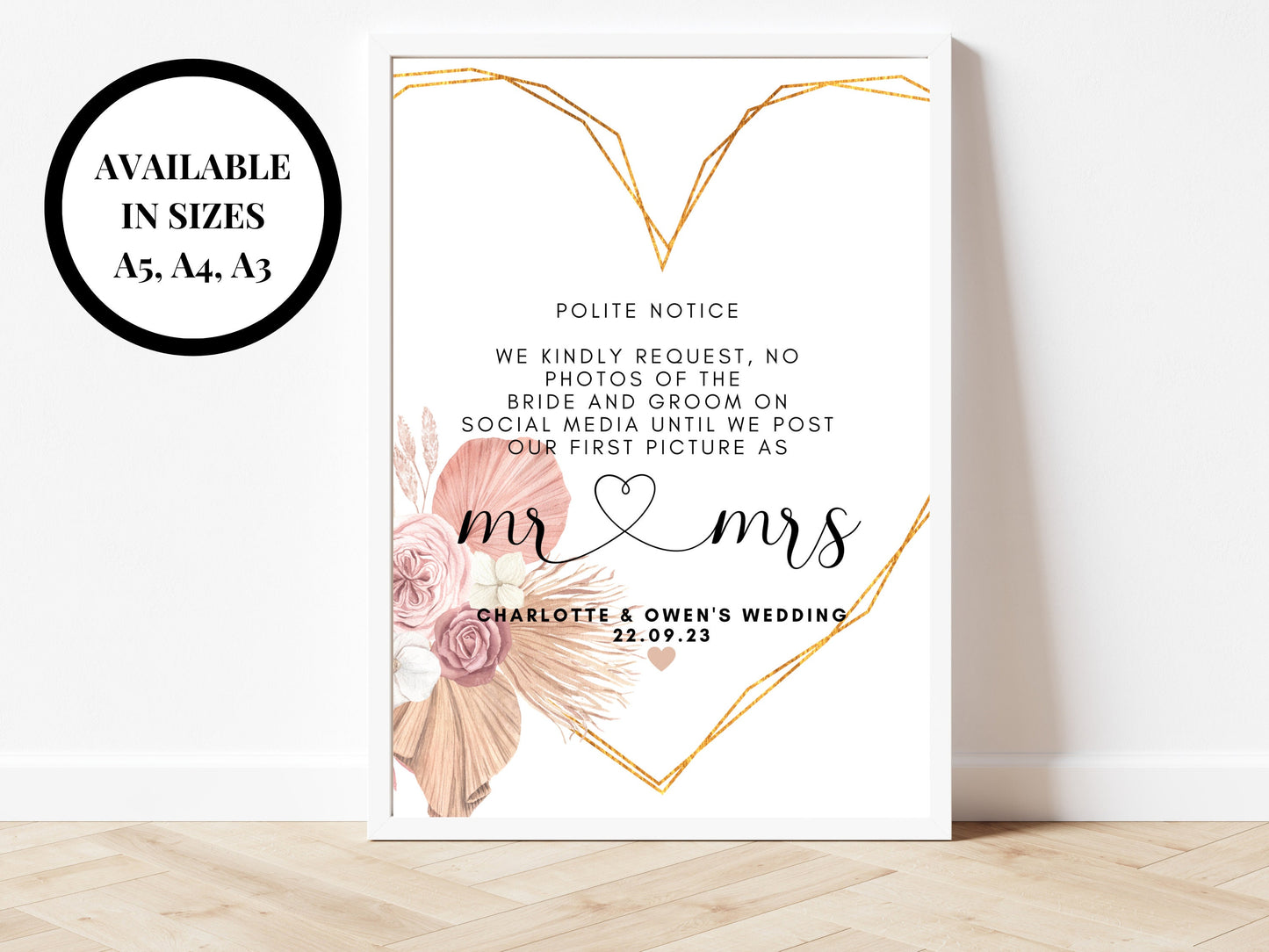 Personalised No Photos Printable Sign/ Pampas Grass Floral We Kindly Request No Photos of the Bride and Groom on Social Media until We Post