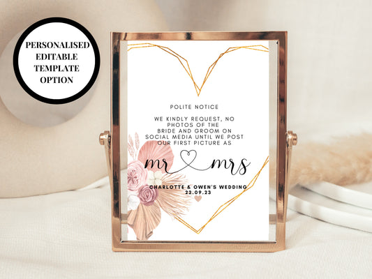 Editable Pampas No Photos Printable Sign/ Boho Wedding Party We Kindly Request No Photos of the Bride and Groom on Social Media Please