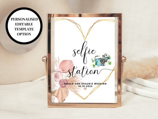 Editable Selfie Station Printable Sign/ Pampas Grass Floral Wedding Reception Photo Booth Poster/ Hen Party/ Bridal Shower Photo Sign