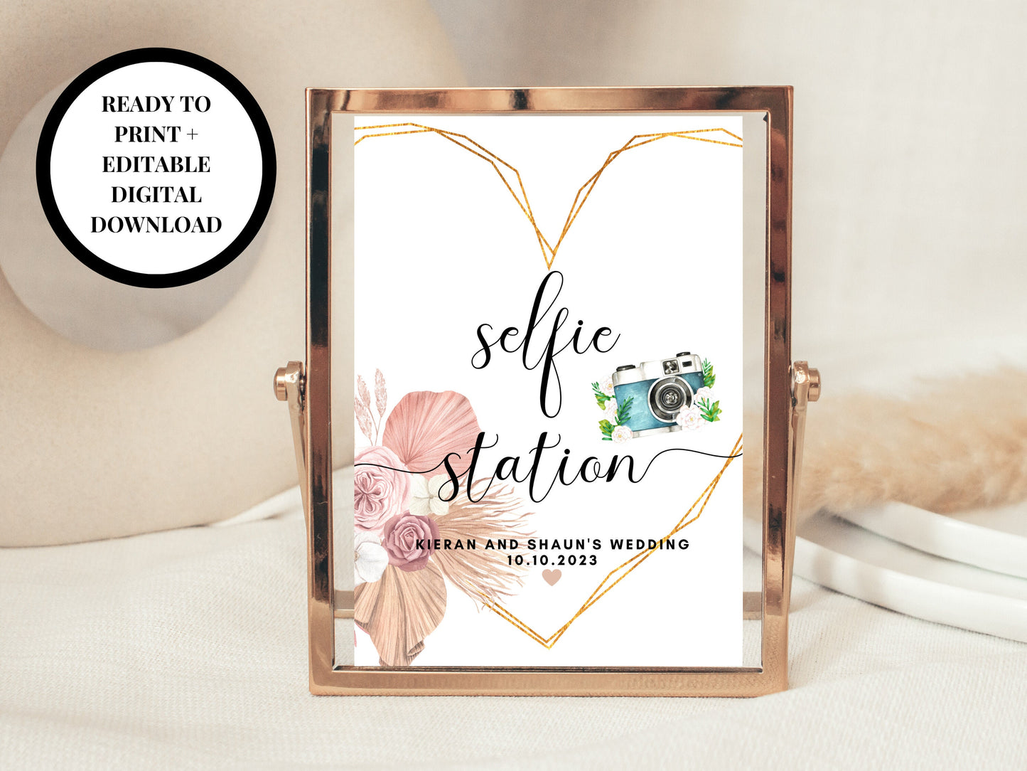 Editable Selfie Station Printable Sign/ Pampas Grass Floral Wedding Reception Photo Booth Poster/ Hen Party/ Bridal Shower Photo Sign