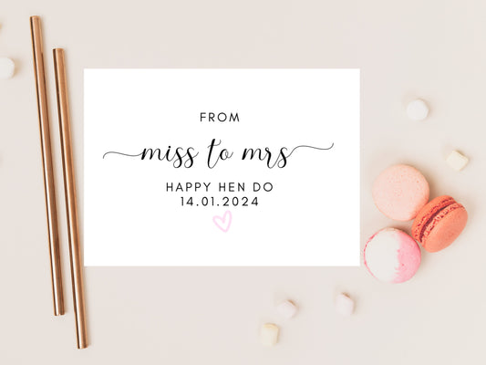 From Miss to Mrs Happy Hen Party Card/ Personalised Bride to Be Bridal Shower/ Bachelorette Boho Pink Heart Hen Party Weekend Card