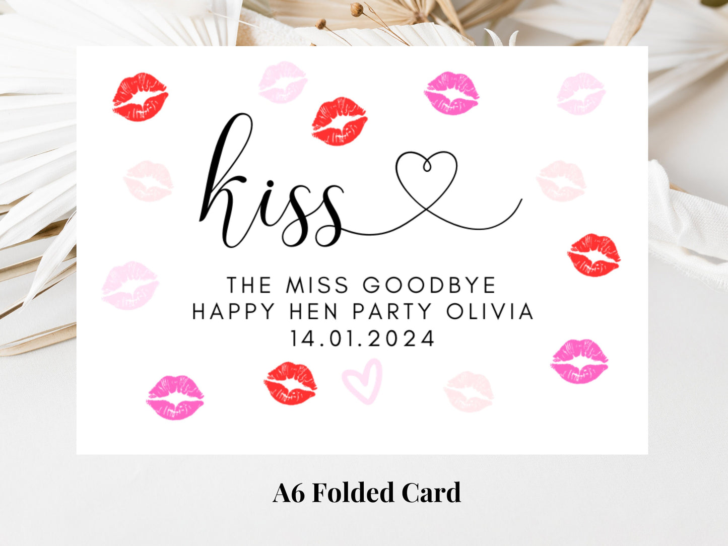 Kiss the Miss Goodbye Happy Hen Party Card/ Personalised Bride to Be Bridal Shower/ Bachelorette Boho Pink Heart Hen Party Weekend Card