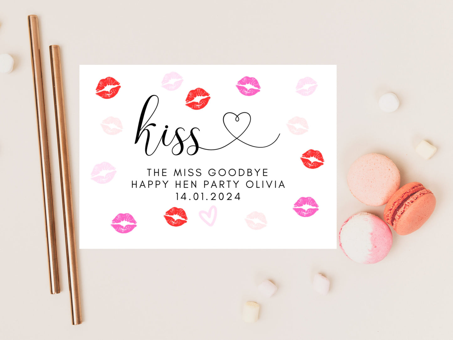 Kiss the Miss Goodbye Happy Hen Party Card/ Personalised Bride to Be Bridal Shower/ Bachelorette Boho Pink Heart Hen Party Weekend Card