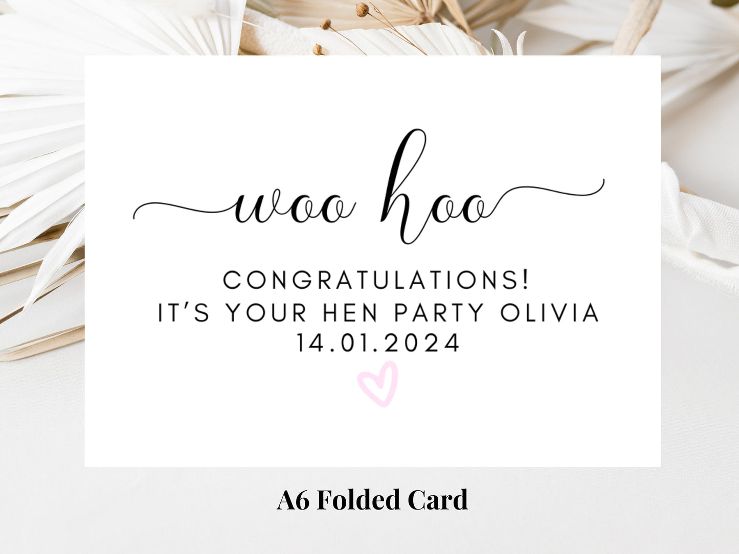 Woo Hoo Congratulations its Your Hen Party Card/ Personalised Bride to Be Bridal Shower/ Bachelorette Boho Pink Heart Hen Party Weekend Card