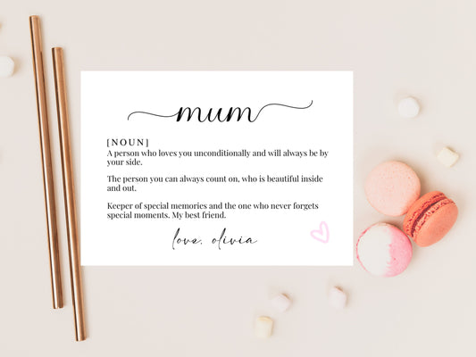 Mum Definition Card/ Personalised Happy Mothers Day Card/ I Love You Mum/ To a Special Mum/ Present/ Mothers Day Gift for Mum