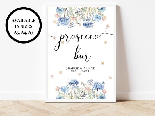 Prosecco Bar Sign/ Blue Theme Party Poster/ Drinks Bar Alcohol Wedding Reception/ Hen Party Bridal Shower/ Floral Pastel Neutral Party Sign