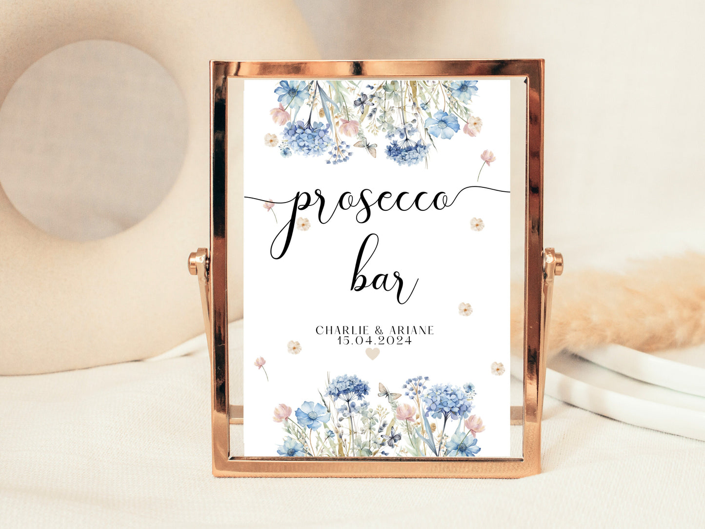 Prosecco Bar Sign/ Blue Theme Party Poster/ Drinks Bar Alcohol Wedding Reception/ Hen Party Bridal Shower/ Floral Pastel Neutral Party Sign