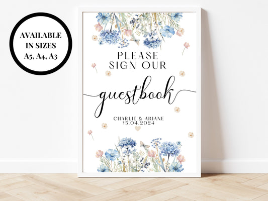 Please Sign Our Guestbook Sign/ Blue Theme Party Poster/ Wedding Guest Welcome Reception/ Wedding Party Guestbook Floral Pastel Neutral Sign