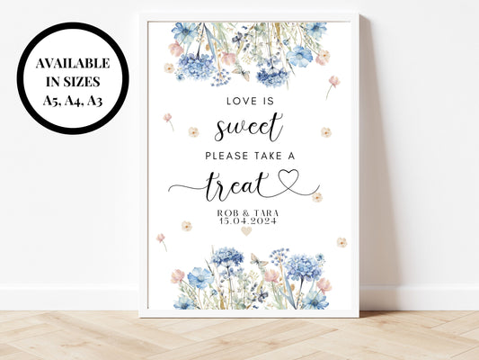 Love is Sweet Please Take a Treat Sign/ Blue Theme Wedding Reception Poster/ Wedding Guest Favours/ Please Take One Floral Pastel Neutral