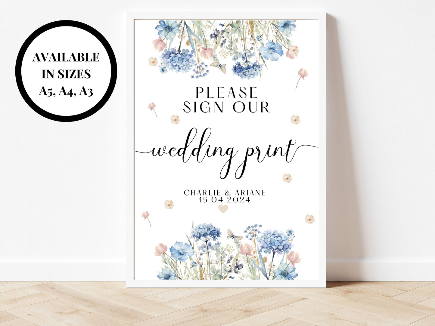 Please Sign Our Wedding Print Sign/ Blue Theme Party Poster/ Wedding Keepsake Novelty Wedding Reception Print/ Floral Pastel Neutral Sign