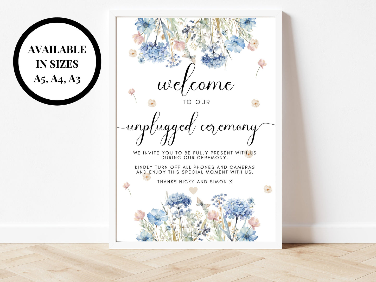 Welcome to Our Unplugged Ceremony Sign/ Blue Theme No Mobile Phones Wedding Guest Signage/ No Social Media Floral Pastel Neutral Poster