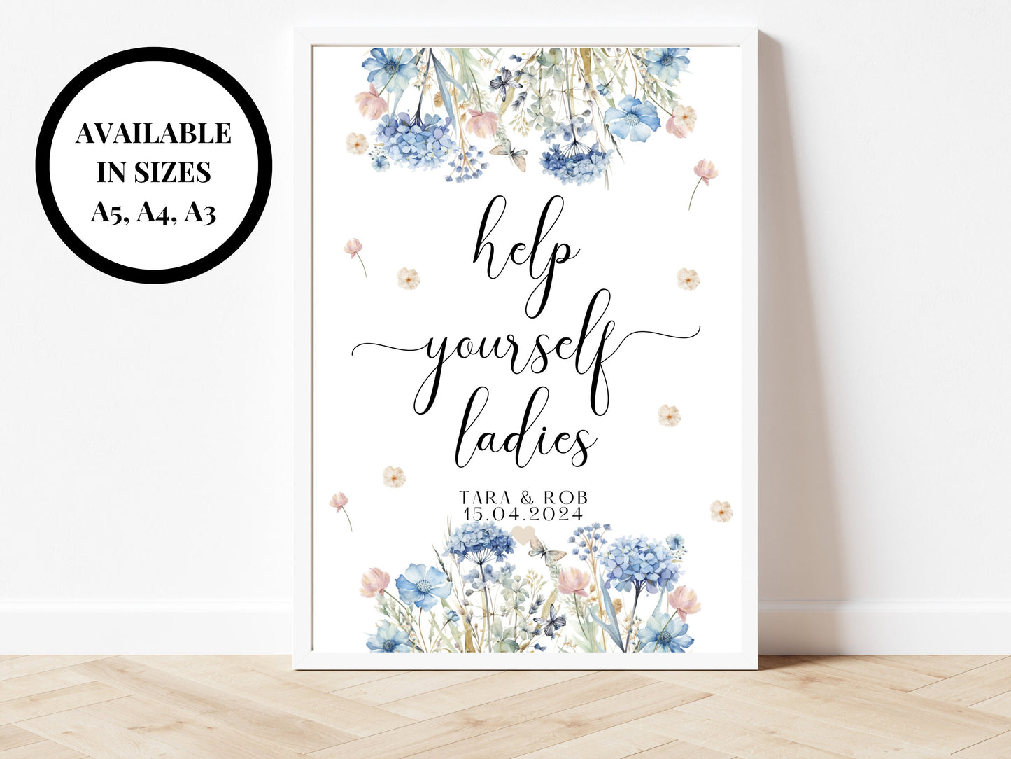 Help Yourselves Ladies Bathroom Sign/ Personalised Blue Theme Wedding Reception Toilets Poster/ Hen Party/ Bridal Shower/ Bachelorette