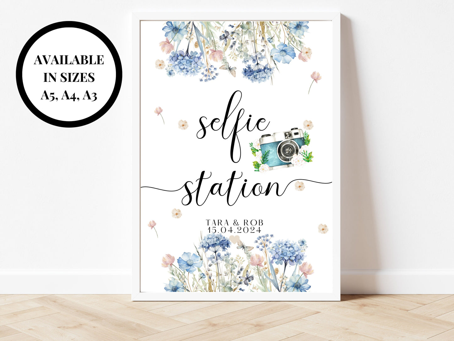 Selfie Station Sign/ Personalised Blue Theme Wedding Reception Photography Videography/ Hen Party/ Bridal Shower/ Bachelorette Poster