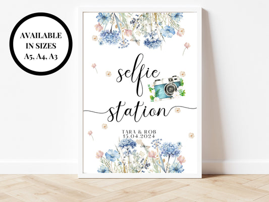 Selfie Station Sign/ Personalised Blue Theme Wedding Reception Photography Videography/ Hen Party/ Bridal Shower/ Bachelorette Poster