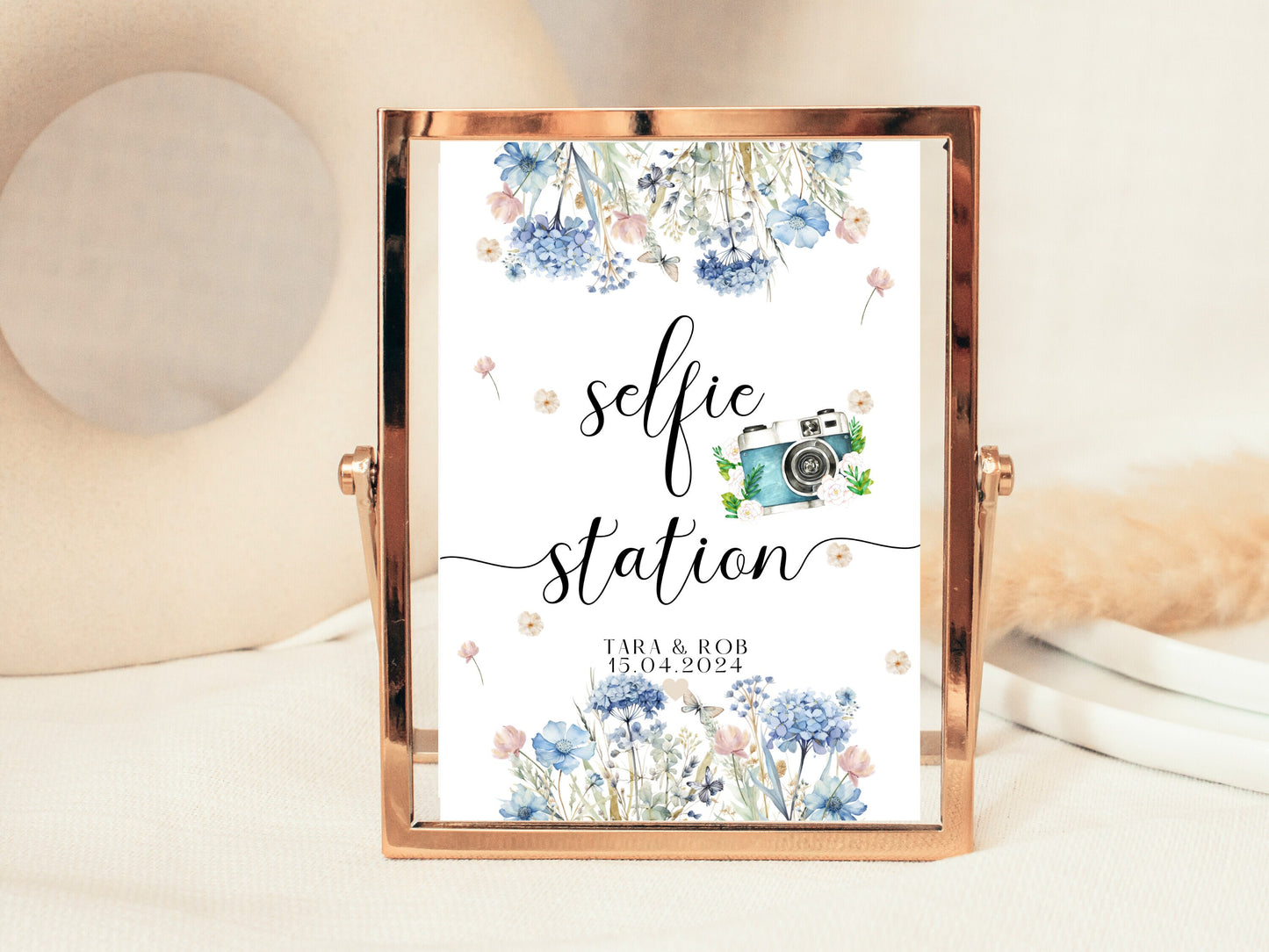 Selfie Station Sign/ Personalised Blue Theme Wedding Reception Photography Videography/ Hen Party/ Bridal Shower/ Bachelorette Poster