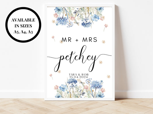 Mr and Mrs Sign/ Personalised Blue Theme Wedding Reception Party Poster