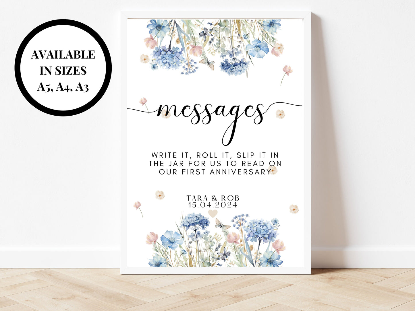 Messages Sign/ Write It Roll It Slip It In the Jar for Us to Read on Our First Anniversary/ Blue Floral Theme Wedding Reception Poster