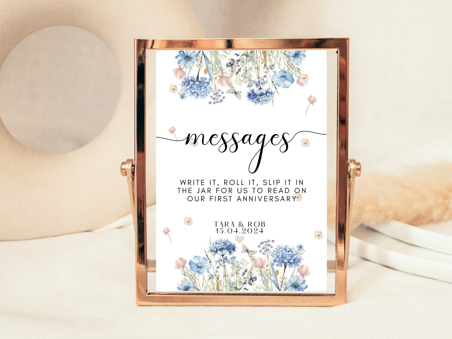 Messages Sign/ Write It Roll It Slip It In the Jar for Us to Read on Our First Anniversary/ Blue Floral Theme Wedding Reception Poster