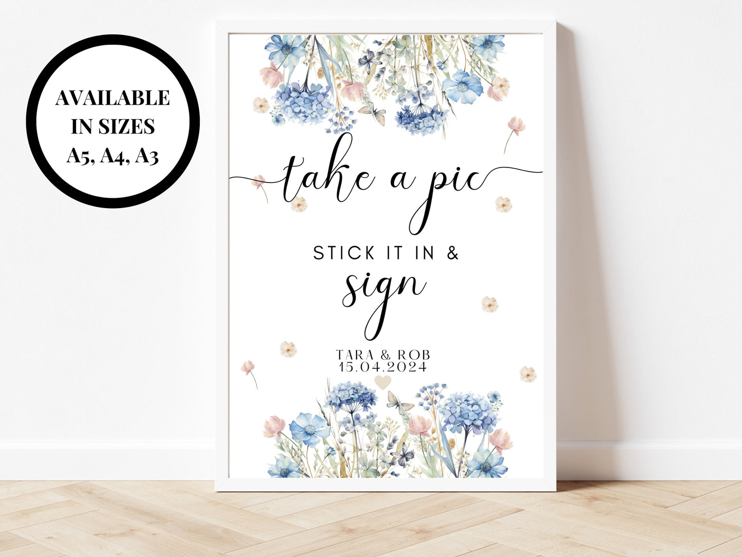 Take a Pic Stick It In and Sign/ Personalised Blue Theme Wedding Reception Photography Selfie/ Hen Party/ Bridal Shower/ Bachelorette Poster