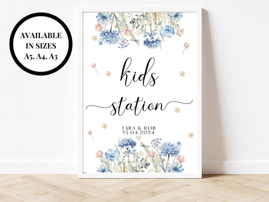 Kids Station Sign/ Personalised Childrens Activity Games Pack Poster/ Custom Blue Theme Wedding Reception/ Keepsake Floral Pastel Neutral