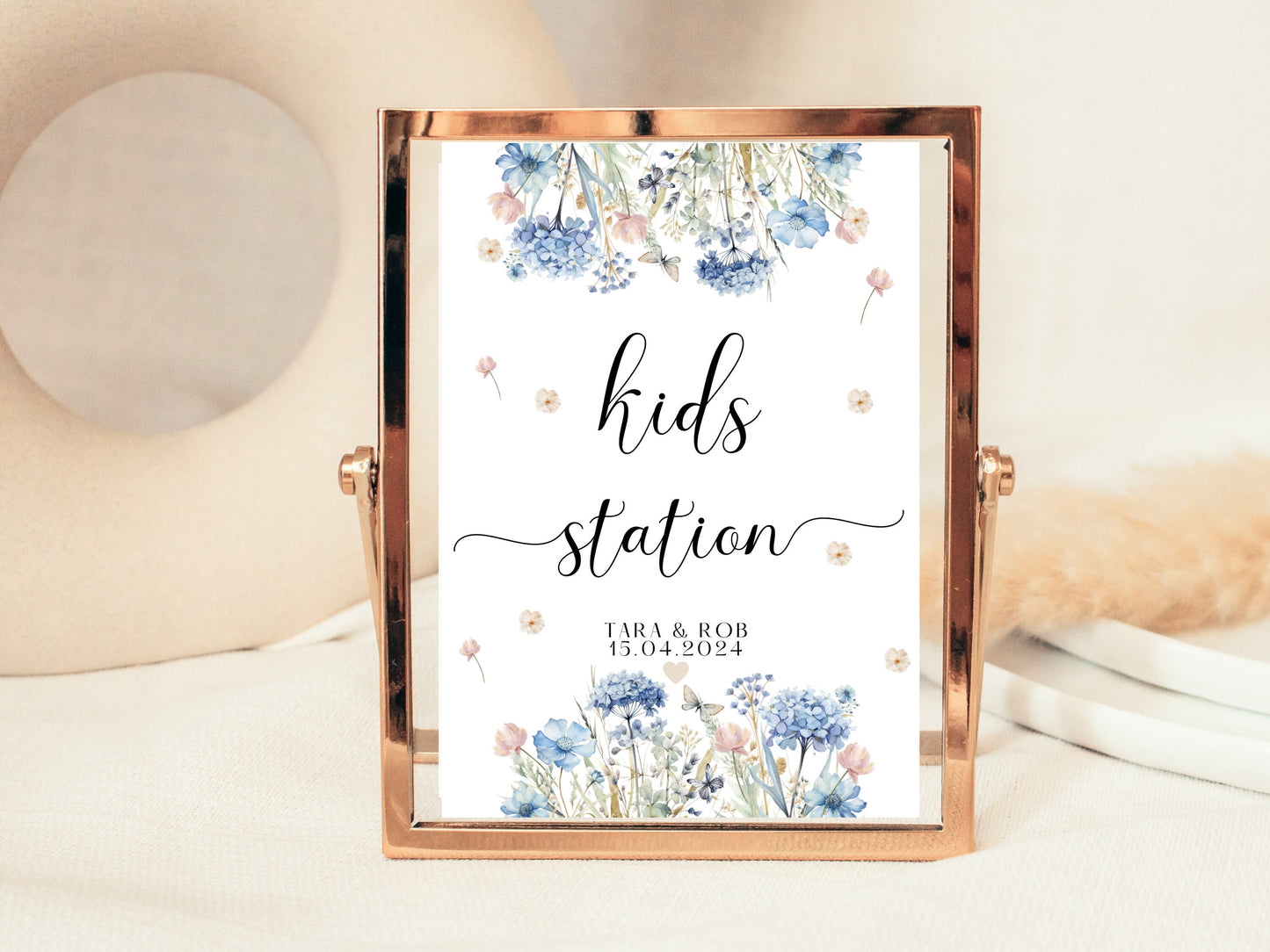 Kids Station Sign/ Personalised Childrens Activity Games Pack Poster/ Custom Blue Theme Wedding Reception/ Keepsake Floral Pastel Neutral