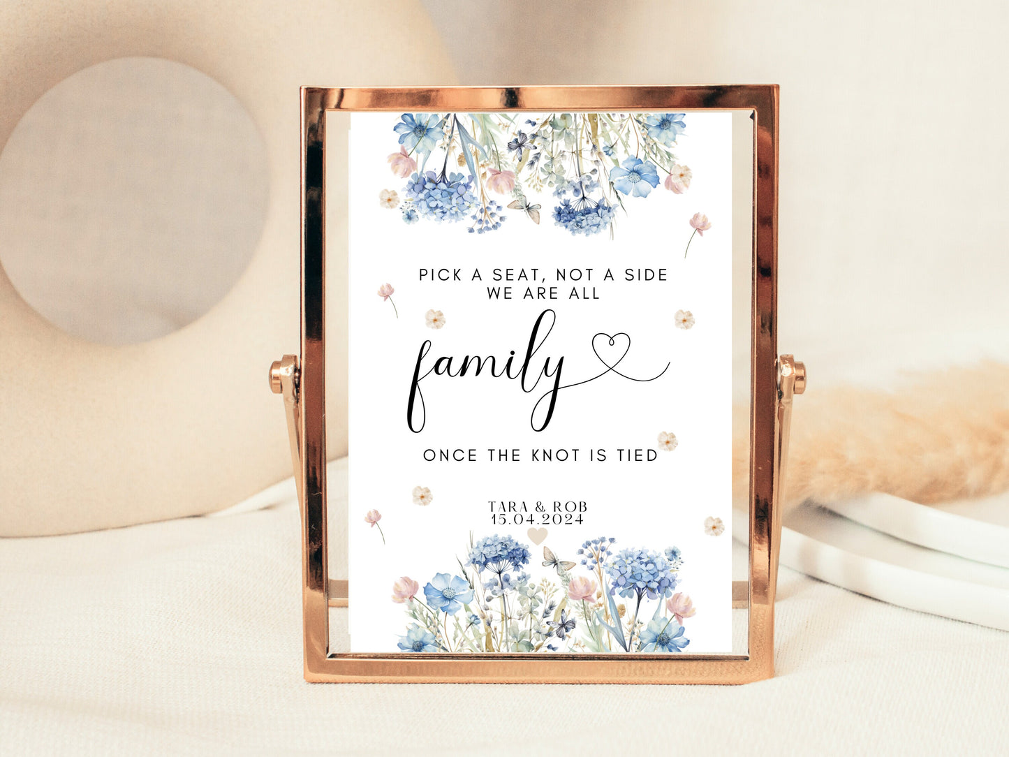 Pick a Seat Not a Side We Are All Family Once the Knot is Tied Wedding Sign/ Blue Theme Wedding Reception Seating Poster/ Floral Pastel