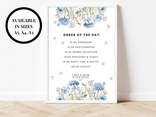 Order of the Day Sign/ Blue Theme Wedding Reception Order of Events Poster/ Personalised Floral Pastel Neutral Timeline/ Wedding Itinerary