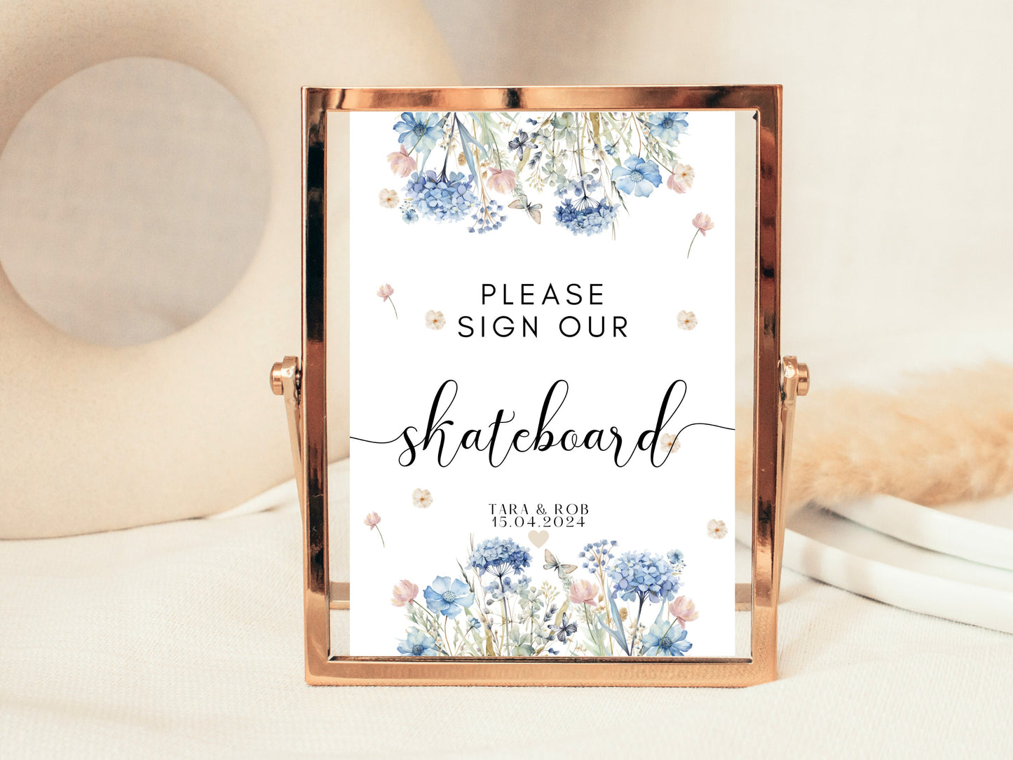 Please Sign Our Skateboard Sign/ Blue Theme Wedding Reception Poster/ Novelty Keepsake Venue Poster/ Floral Pastel Neutral