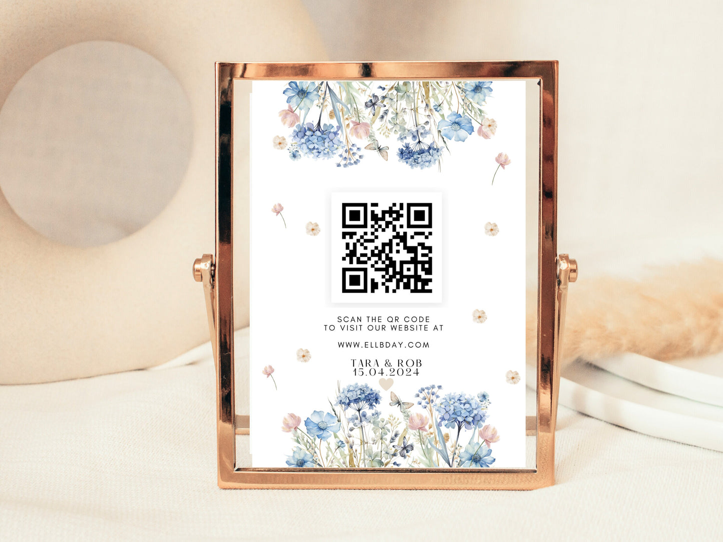 QR Code Sign/ Personalised Blue Theme Wedding Website Link Code Reception Venue Decor/ Hen Party/ Bridal Shower/ Bachelorette QR Code Party