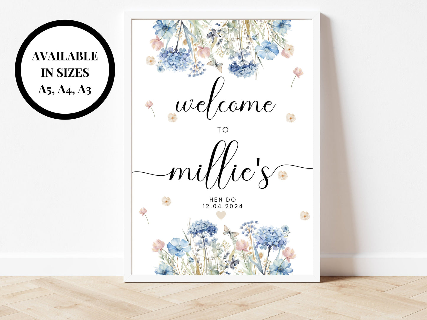 Hen Party Welcome Sign/ Personalised Blue Theme Bridal Shower Venue Decor/ Bachelorette Party Welcome Sign