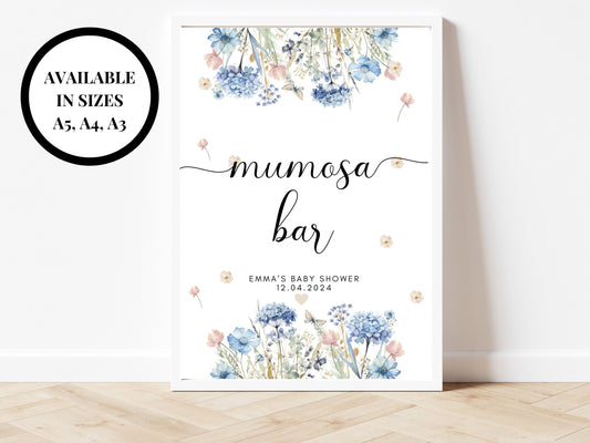 Mumosa Bar Sign/ Personalised Pastel Blue Theme Baby Shower Drinks Mocktails Poster/ Baby Shower Party Decor/ Gender Reveal Print