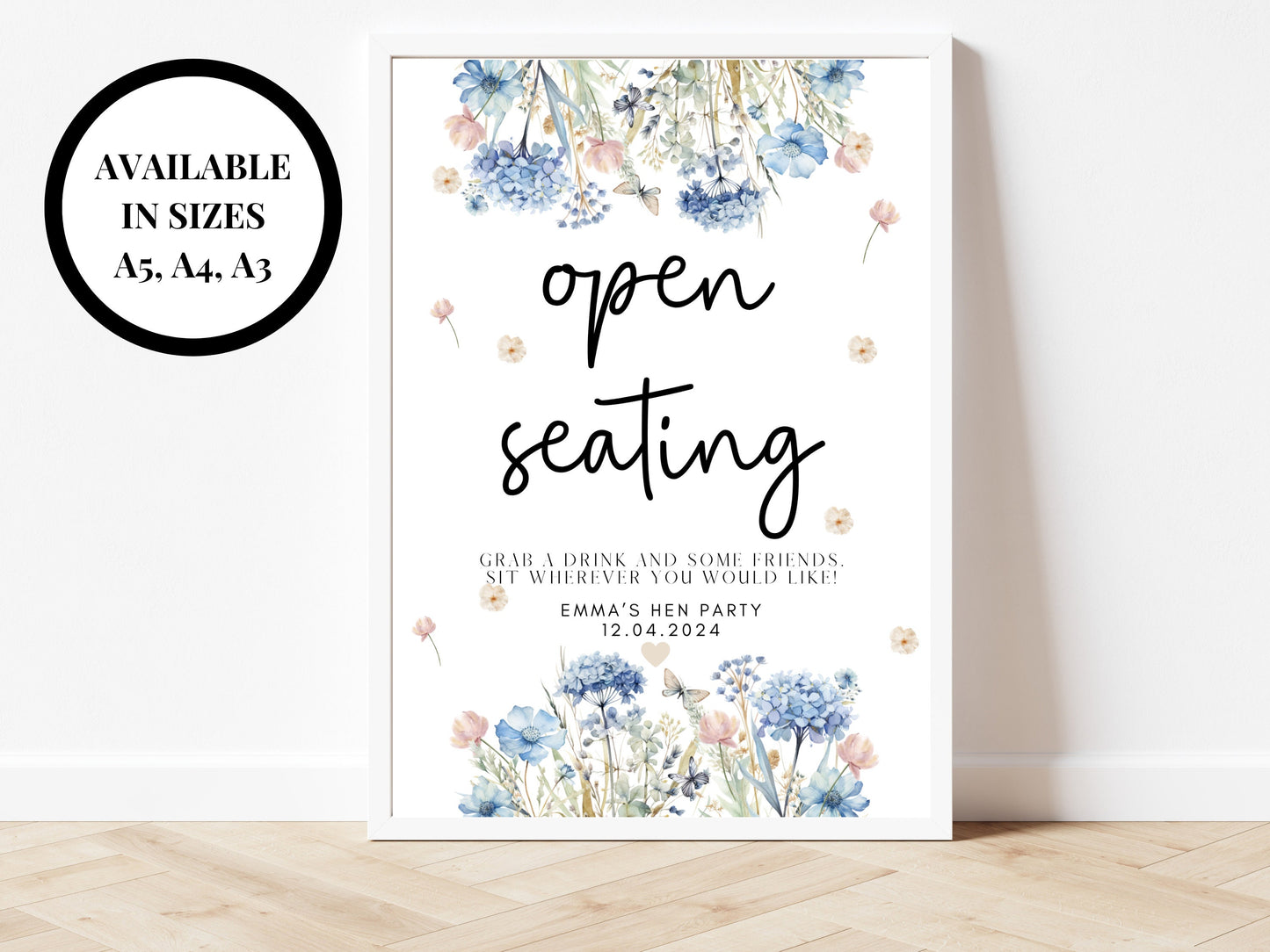 Open Seating Sign/ Grab a Drink and Some Friends Sit Wherever You Would Like/ Blue Theme Wedding Reception Venue Seating/ Seating Chart Sign