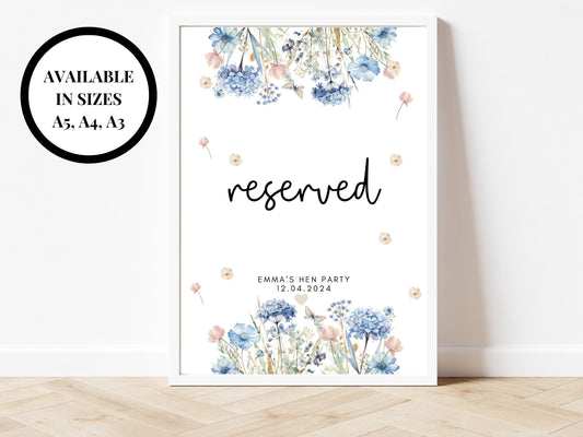 Reserved Sign/ Party Reserved Seating Poster/ Blue Floral Pastel Theme Wedding Reception Venue Seating Chart/ Reserved Seating Sign