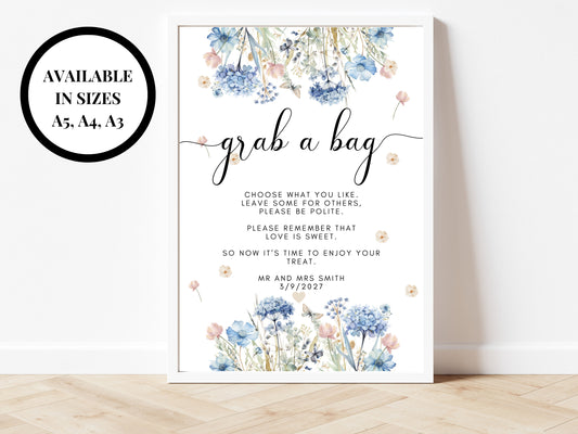 Grab a Bag Sign/ Blue Theme Wedding Reception Guest Favours/ Love Is Sweet So Now Its Time to Enjoy a Treat/ Party Sweets Gift Bag