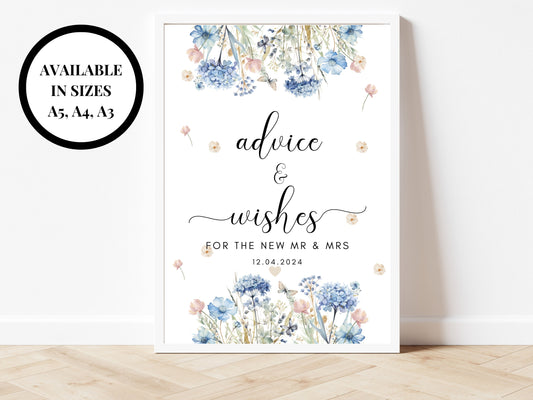 Advice and Wishes for the New Mr and Mrs Sign/ Blue Theme Wedding Reception Venue Guestbook Poster/ Please Sign our Guestbook Keepsake