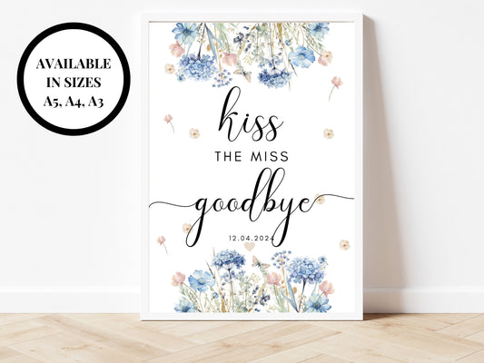 Kiss the Miss Goodbye Sign/ Personalised Blue Theme Hen Party Venue Decor/ Bridal Shower Novelty Keepsake Poster/ Bachelorette Party Sign