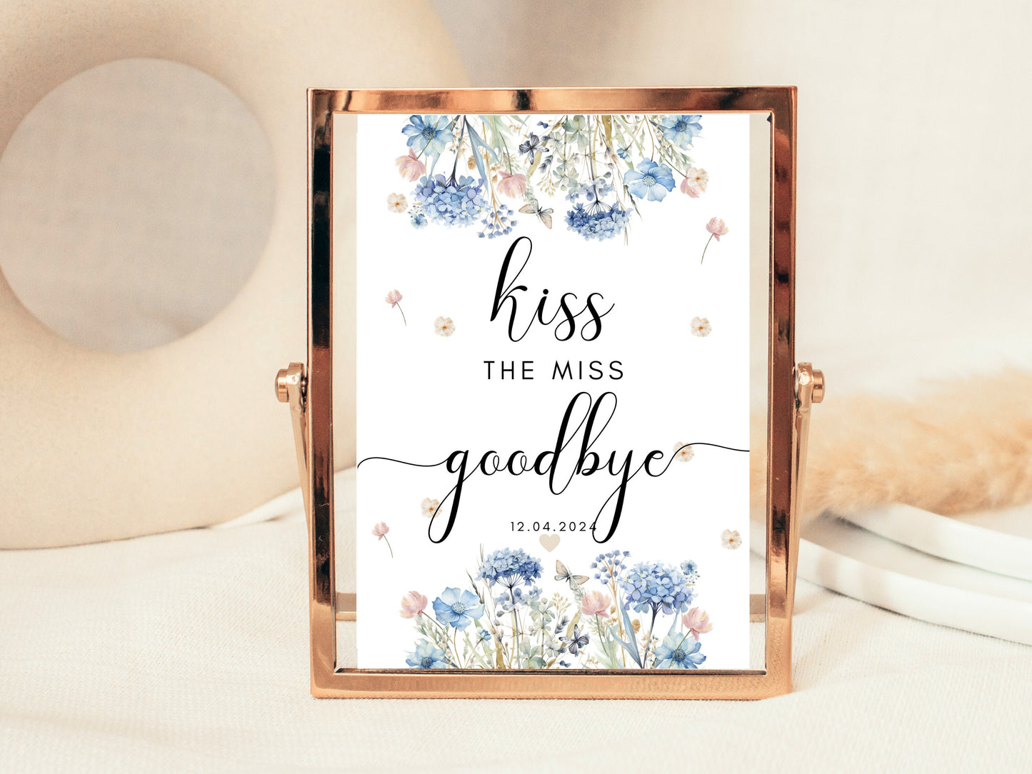 Kiss the Miss Goodbye Sign/ Personalised Blue Theme Hen Party Venue Decor/ Bridal Shower Novelty Keepsake Poster/ Bachelorette Party Sign