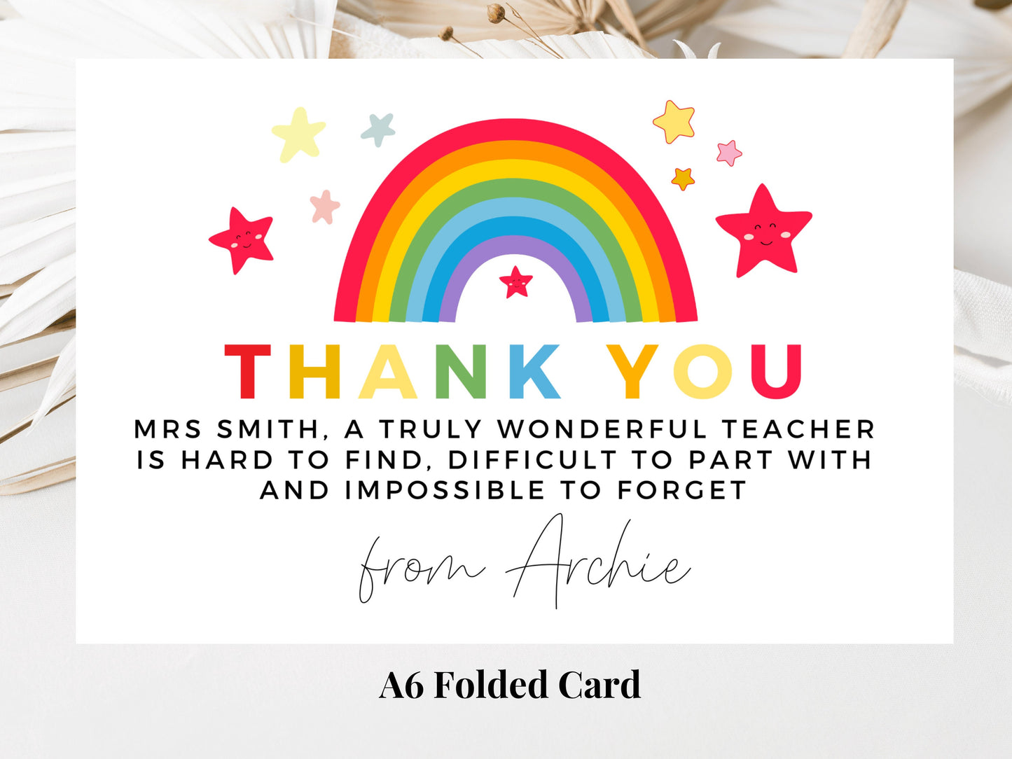 Thank You/ A Truly Wonderful Teacher Is Hard to Find Difficult to Part With and Hard to Find Card/ Personalised Pastel Rainbow Star Teacher