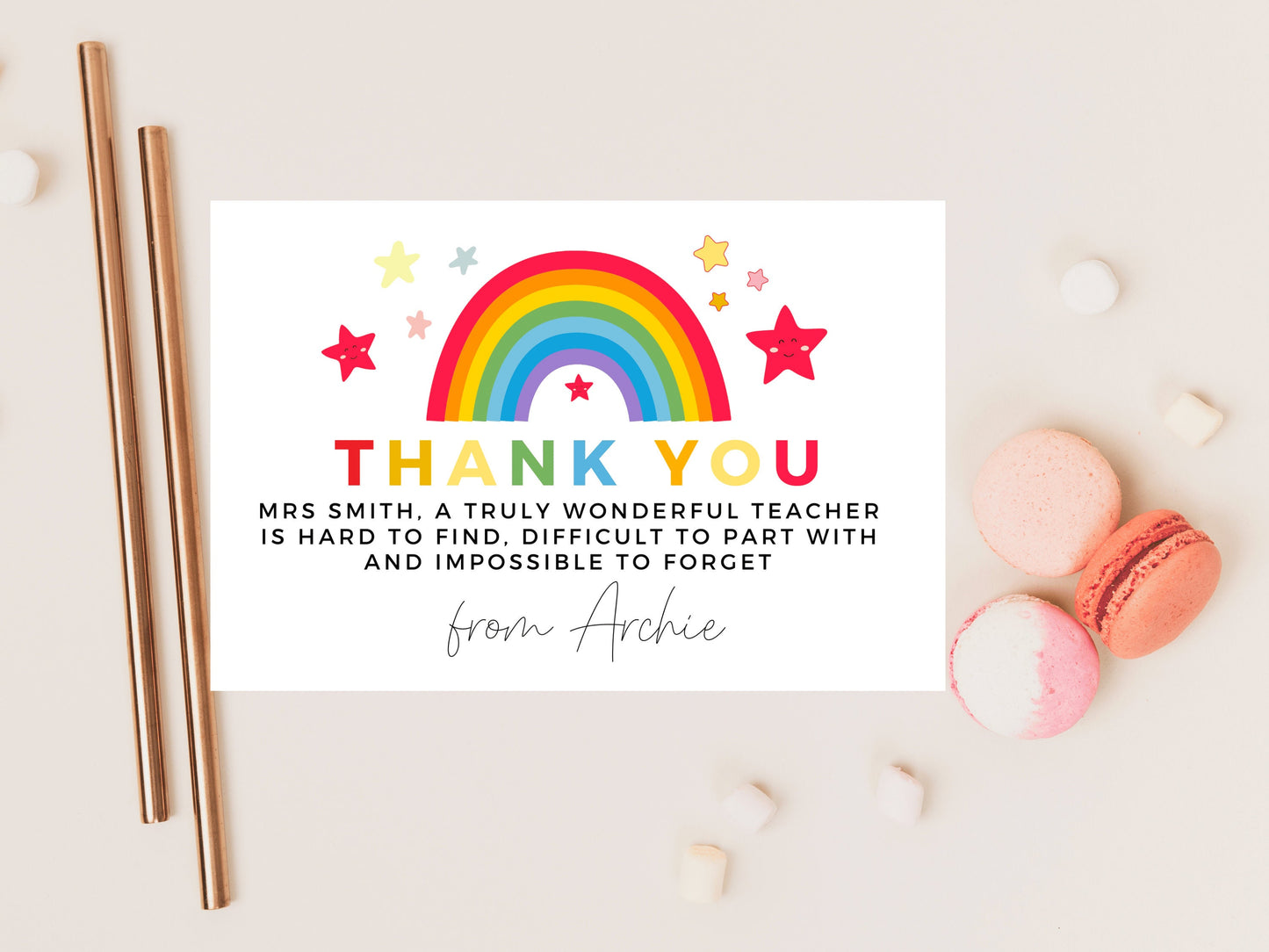 Thank You/ A Truly Wonderful Teacher Is Hard to Find Difficult to Part With and Hard to Find Card/ Personalised Pastel Rainbow Star Teacher