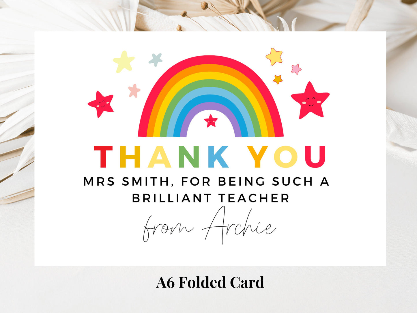 Thank You For Being Such A Brilliant Teacher Card/ Personalised Pastel Rainbow Star Teacher/ Best Friend/ Mentor/ End Of School Appreciation