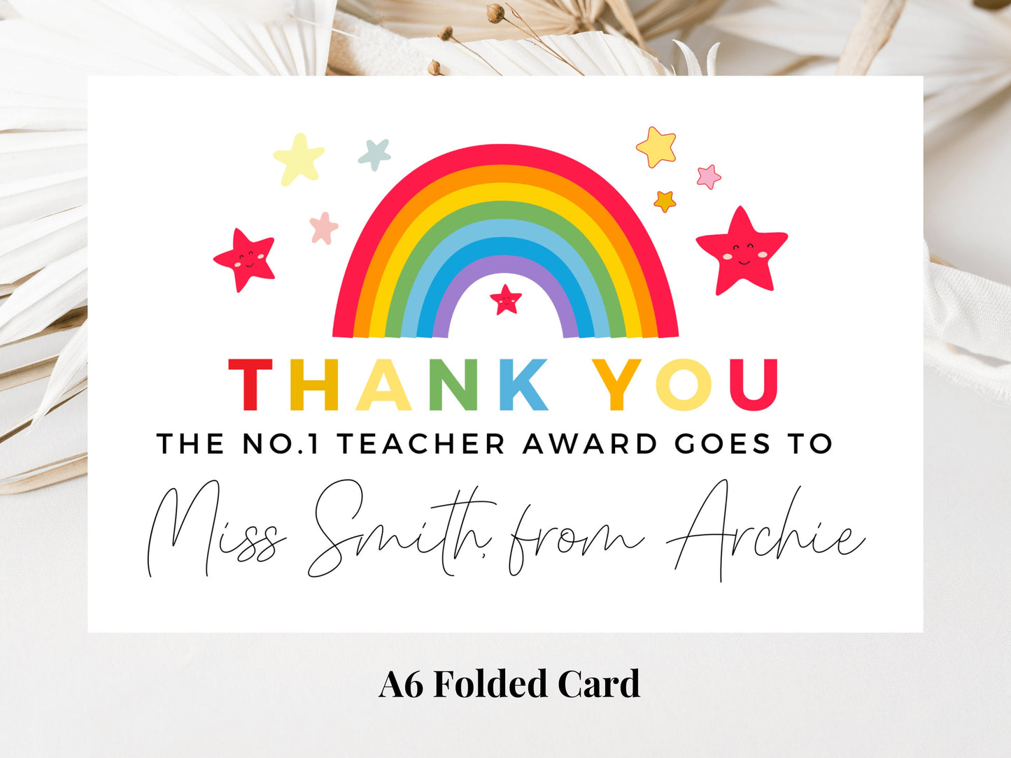 Thank You The Number One Teacher Award Goes To Card/ Personalised Pastel Rainbow Star Teacher/ Best Friend/ End Of School Appreciation