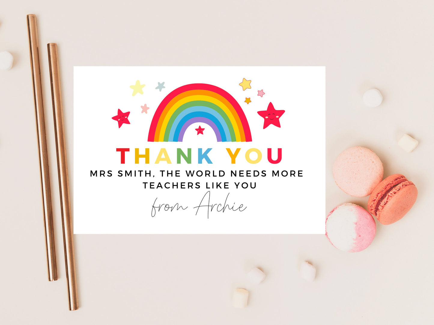 Thank You The World Needs More Teachers Like You Card/ Personalised Pastel Rainbow Star Teacher/ Best Friend/ End Of School Appreciation