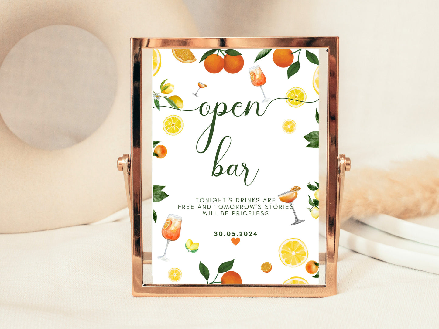 Open Bar Sign/ Citrus Spritz Alcohol Drinks Spring Summer Lemons Oranges Mediterranean Theme/ Italian Style Wedding Reception Welcome