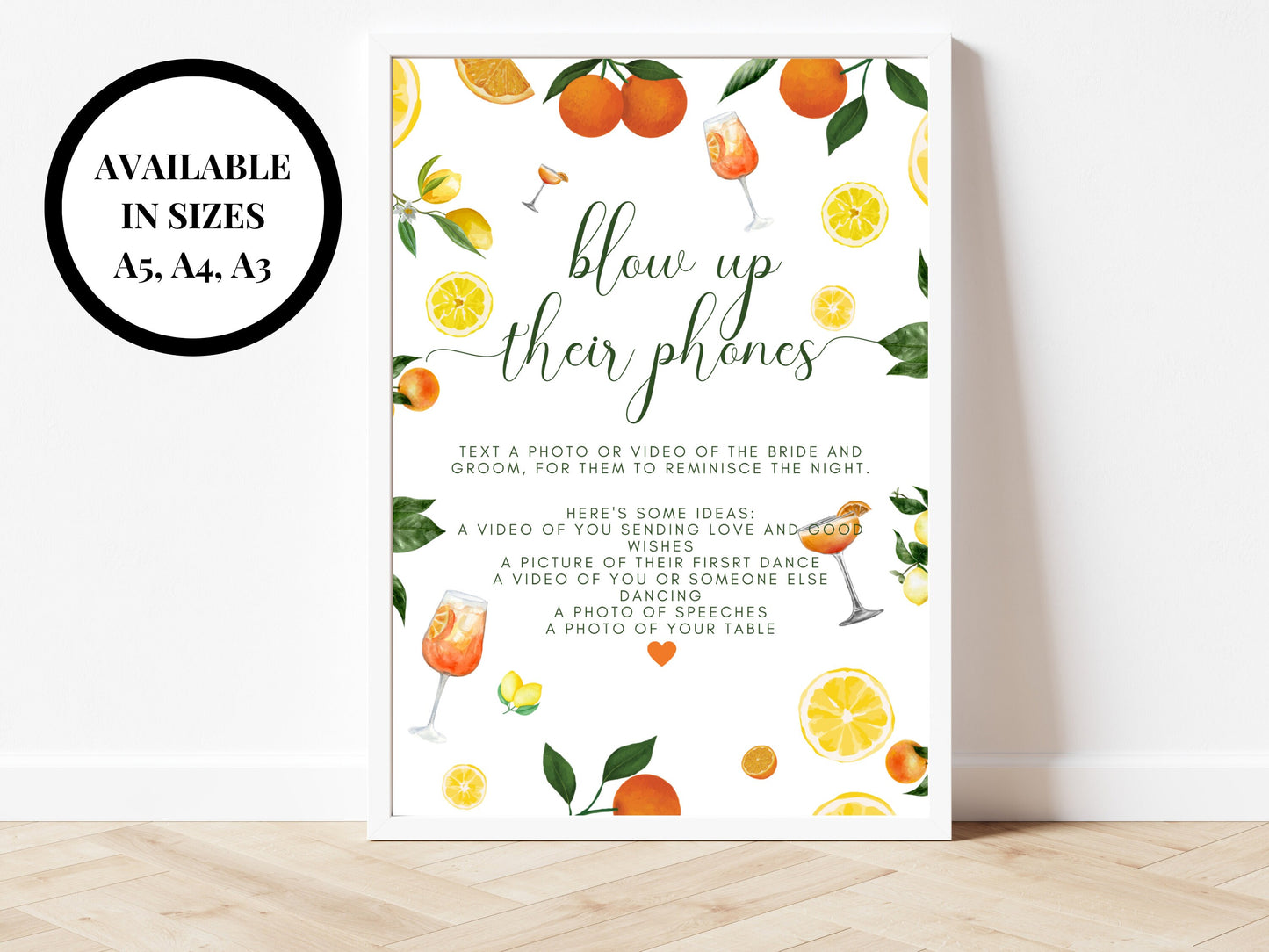 Blow Up Their Phones Sign/ Spring Summer Lemons Oranges Mediterranean/ Italian Style Wedding Reception/ Text a Photo of the Bride and Groom