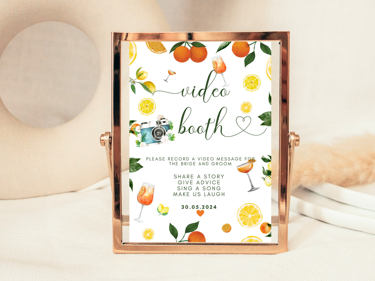 Video Booth Sign/ Spring Summer Lemons Oranges Mediterranean/ Italian Style Wedding Reception/Record a Video Message for the Bride and Groom