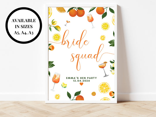 Bride Squad Sign/ Spring Summer Lemons Oranges Mediterranean/ Italian Style Hen Party Decorations/ Bridal Shower/ Bachelorette Party