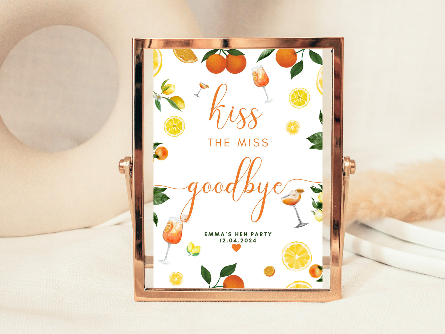 Kiss the Miss Goodbye Sign/ Spring Summer Lemons Oranges Mediterranean/ Italian Style Hen Party Decor/ Bridal Shower/ Bachelorette Poster